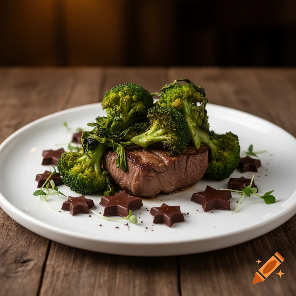 A gourmet dish featuring a steak, roasted broccoli florets, and star-shaped chocolate pieces on a white plate, served on a wooden table.
