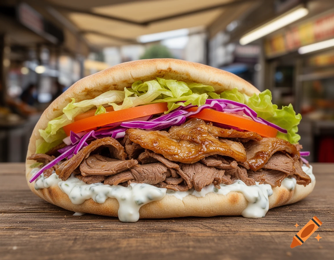 A close-up, photorealistic image of a döner sandwich with meat, lettuce, red cabbage, tomatoes, and white sauce on a wooden table.