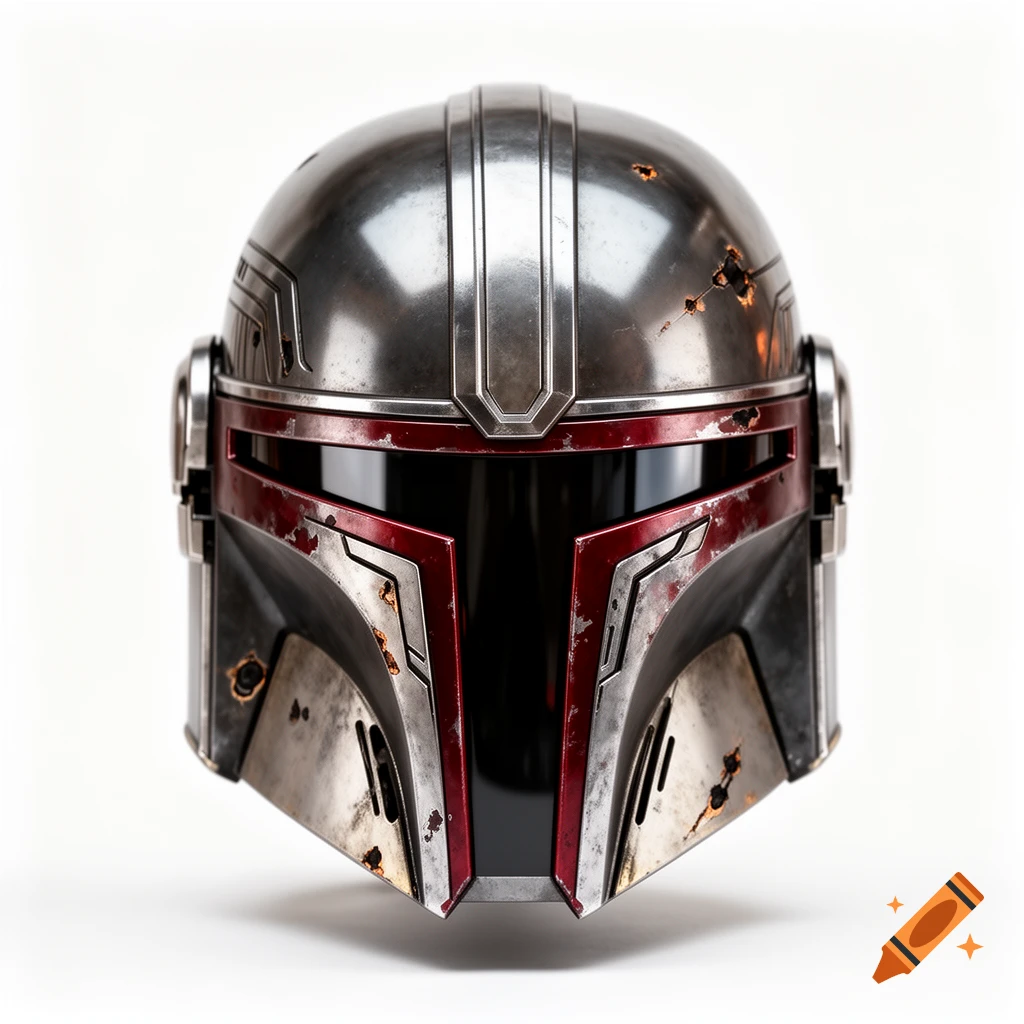A weathered silver and red Mandalorian helmet with black visor stands against a white background.
