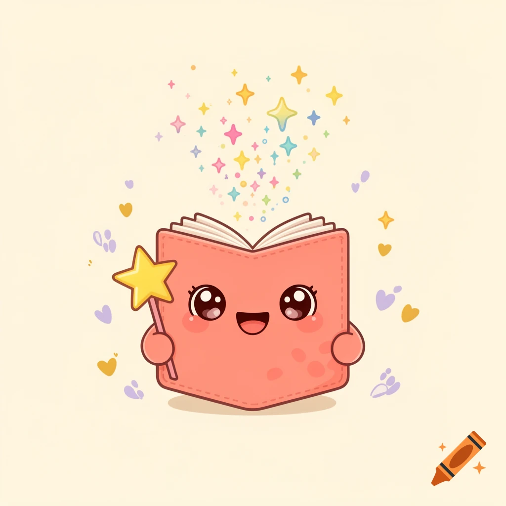 A cute coral pink open book character with a happy kawaii face and sparkly eyes, holding a yellow star wand, with colorful sparkles floating above, on a cream background, in a flat sticker art style.