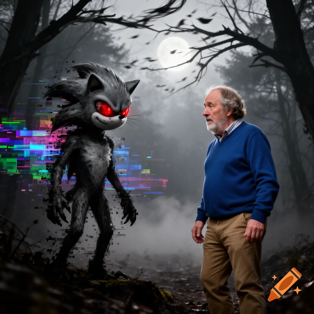 A dark, glitching Sonic.exe with red eyes confronts a startled older man in a misty, moonlit forest at night, digital art.