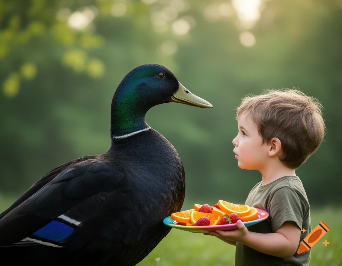A large black duck with a green head looks at a child holding a plate of oranges and strawberries in a grassy outdoor setting.