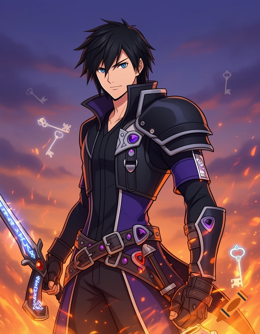 An anime man with black hair in black and purple armor holds a glowing sword, with floating keys against a fiery sunset sky.