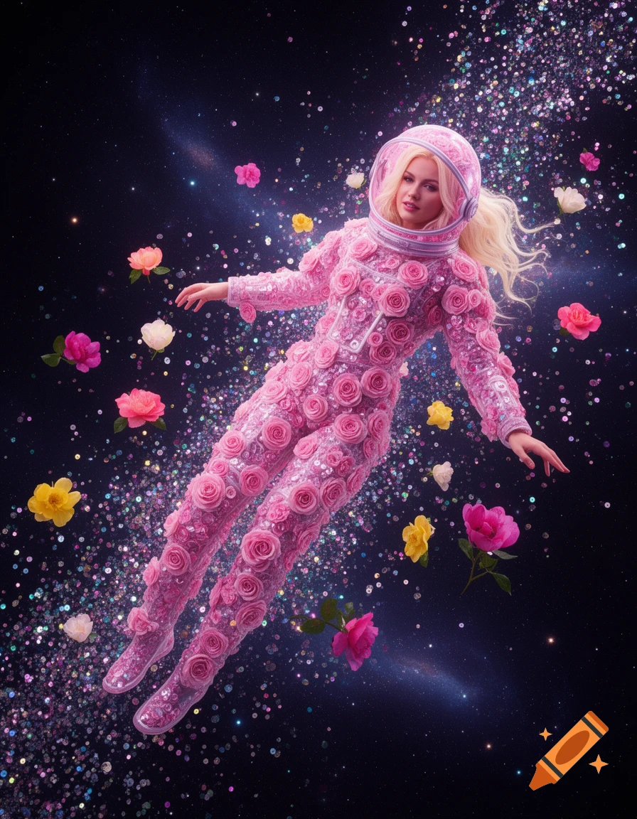 A blonde woman in a pink rose and glitter spacesuit floats in dark outer space among colorful flowers and sparkling glitter.