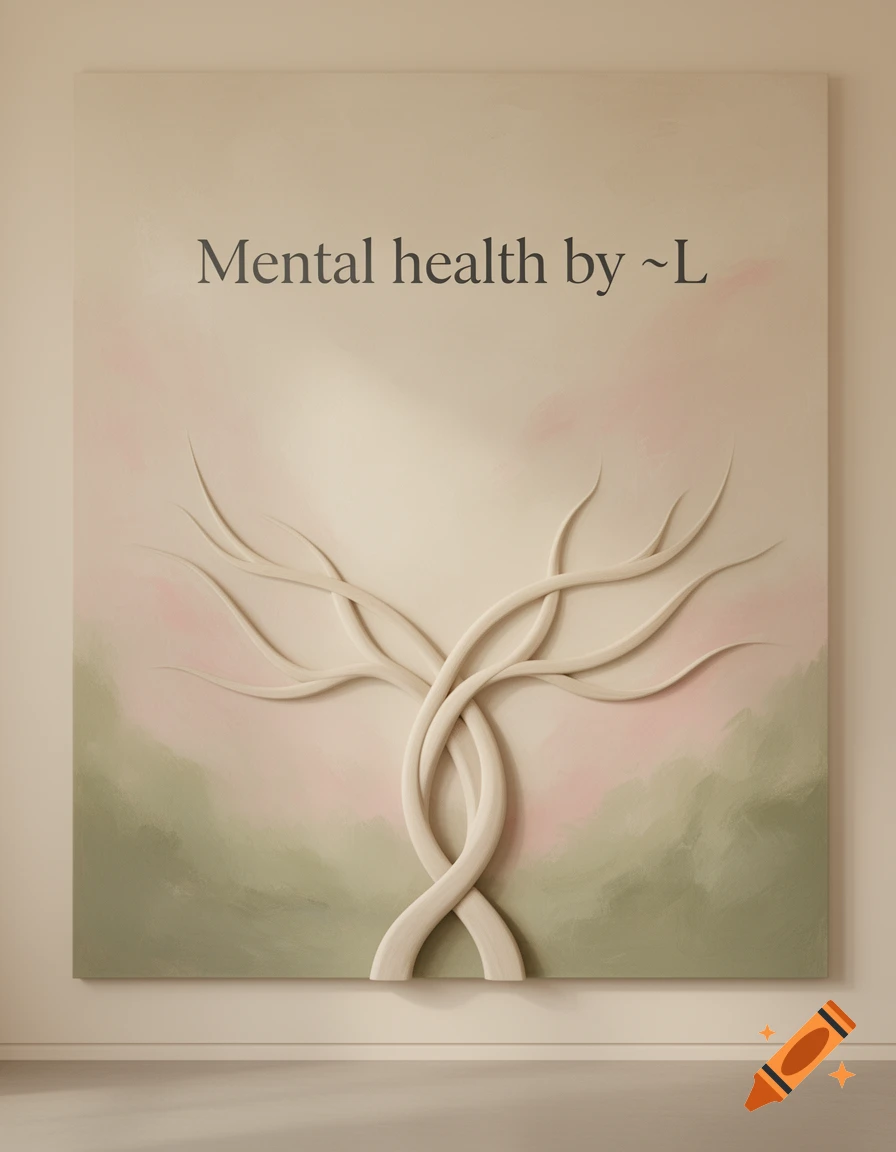 A minimalist wall art piece with cream-colored intertwining tree branches against a soft pink and green painted background, with "Mental health by ~L" at the top.