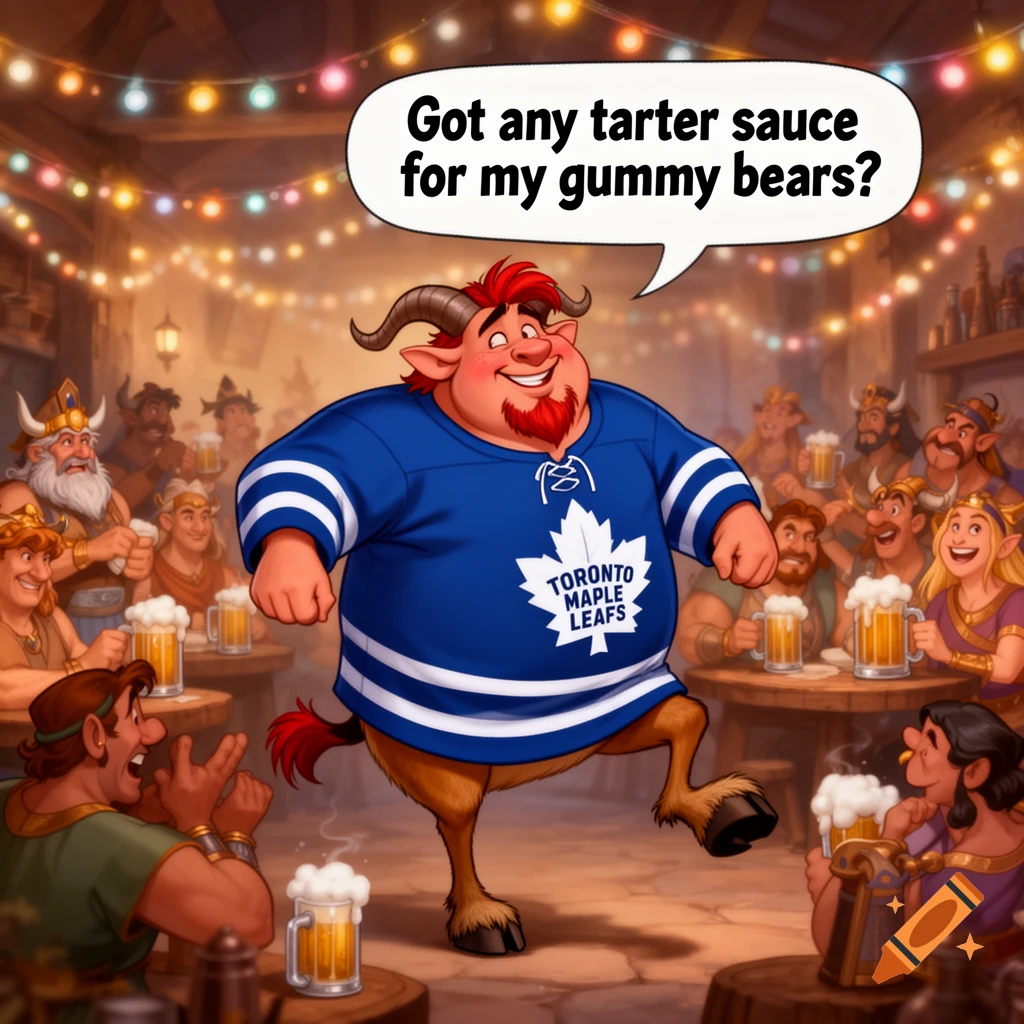 A cartoon satyr-like character in a Toronto Maple Leafs jersey dances in a lively tavern, asking for 'tarter sauce for my gummy bears'.