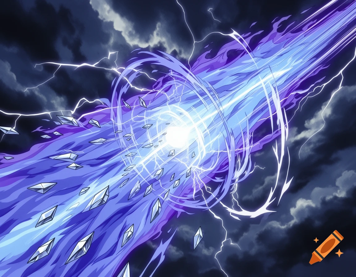 A powerful purple and blue energy blast with lightning and crystal shards emanates from a bright core against a stormy dark sky, in anime style.