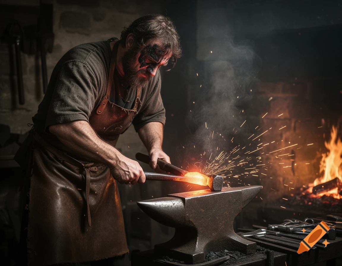 A rugged blacksmith hammers glowing orange iron on an anvil in a dark, medieval forge, with bright sparks flying.