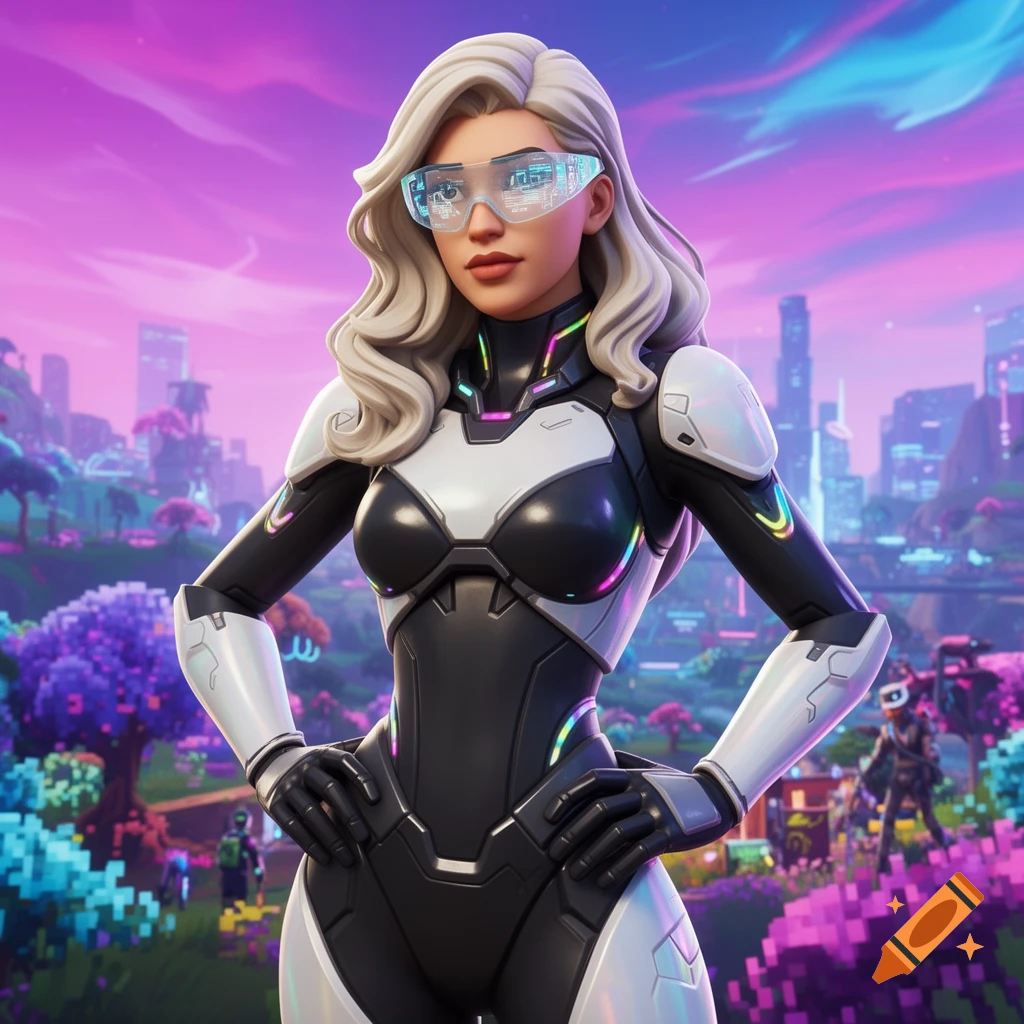 A Fortnite-style woman with blonde hair and futuristic glasses, wearing a black and white sci-fi suit, stands against a vibrant pink and purple pixelated cityscape.