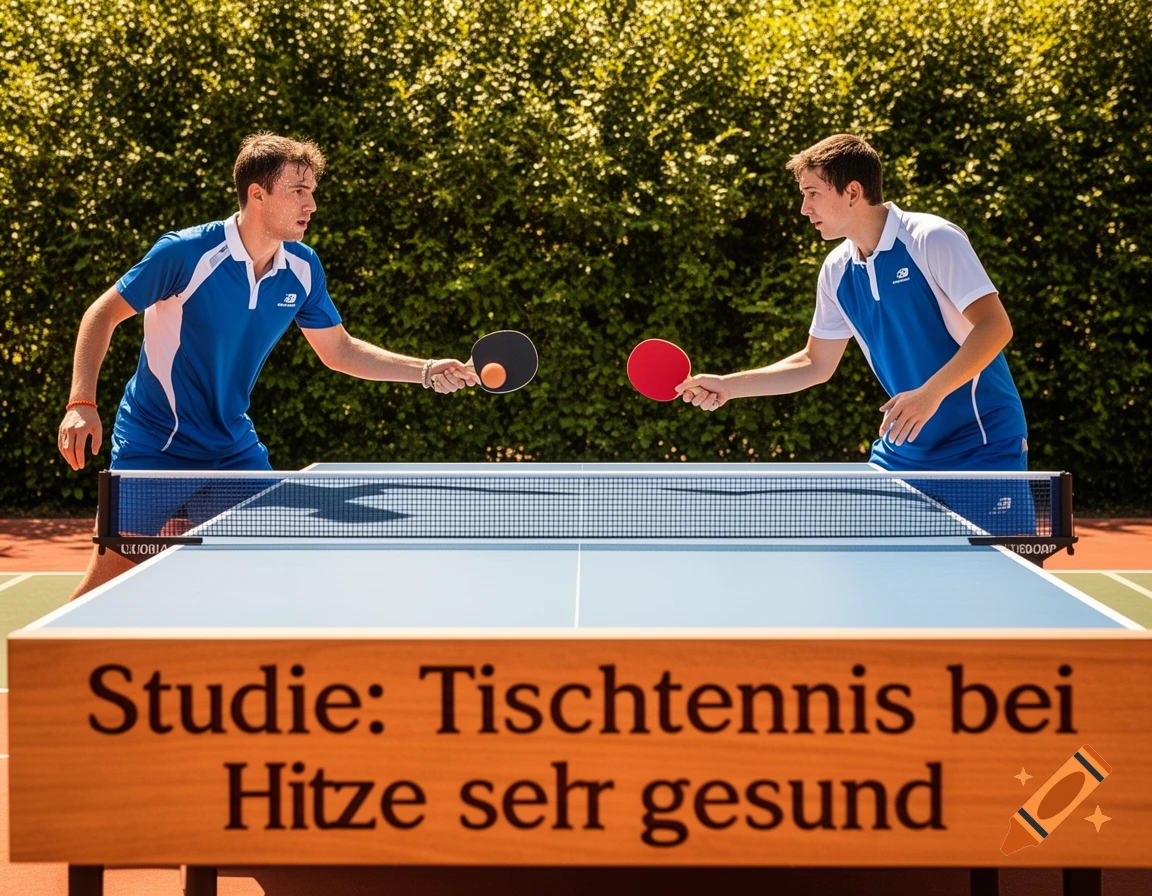 Two men in blue and white shirts playing table tennis outdoors on a sunny day. A sign reads 'Studie: Tischtennis bei Hitze sehr gesund'.