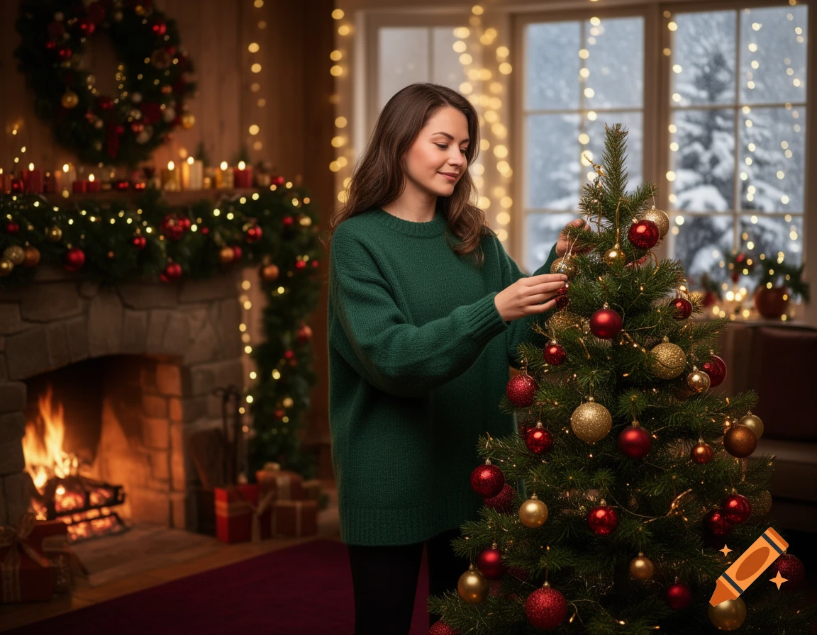 A smiling woman in a green sweater decorates a Christmas tree with red and gold ornaments in a festive living room with a fireplace.