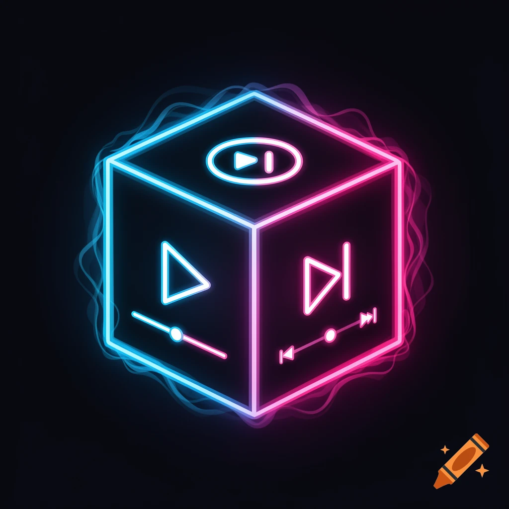 A glowing neon blue and pink 3D cube with media player controls on its faces against a dark background.