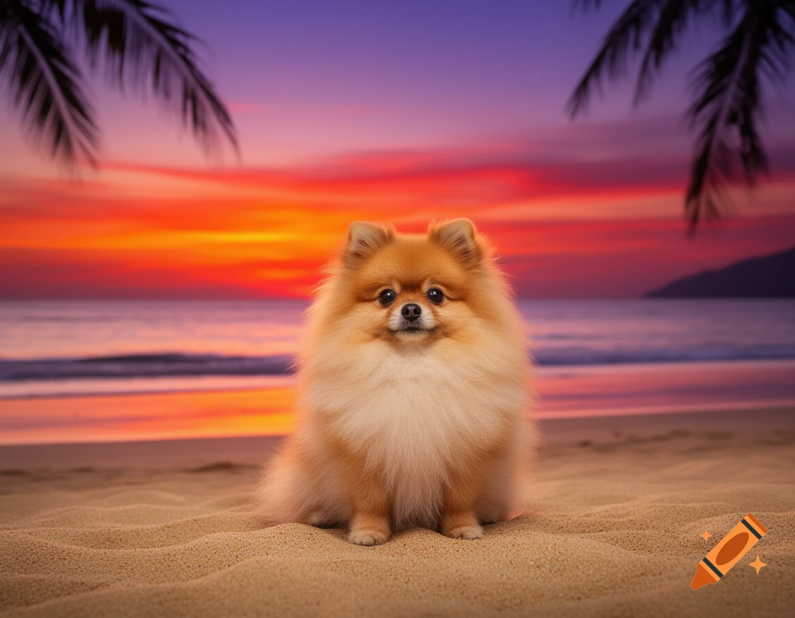 A fluffy Pomeranian dog sits on a sandy beach during a vibrant orange and purple sunset.