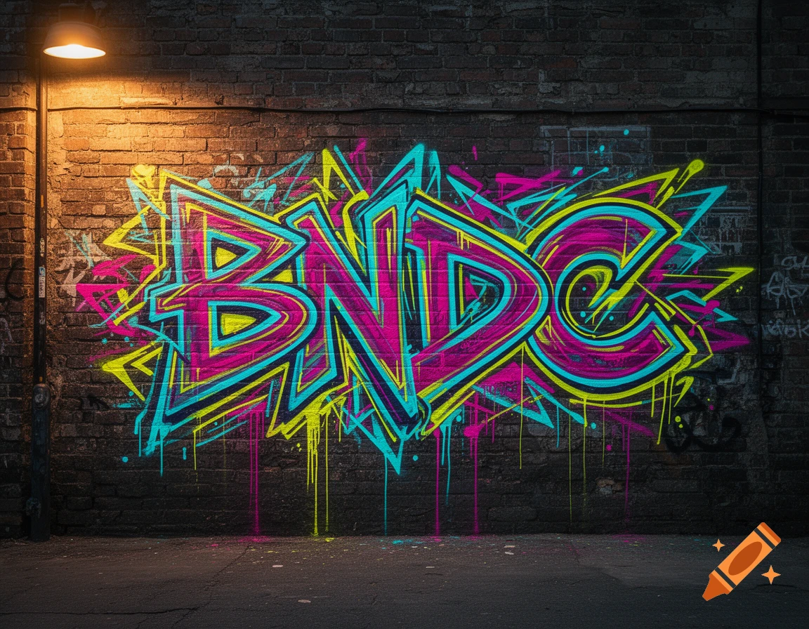 Colorful graffiti of the letters BNDC on a brick wall illuminated by a street lamp at night, in a street art style.