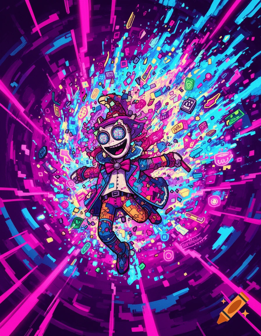 Vibrant, abstract digital art of a cartoon character in a colorful suit exploding into a chaotic burst of pink, blue, and yellow particles.