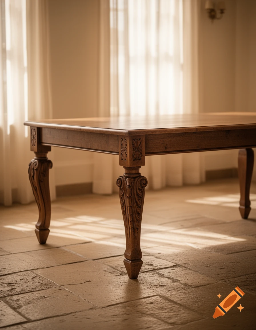 A close-up view of a wooden dining table with ornate, carved legs in a sunlit room with sheer curtains.
