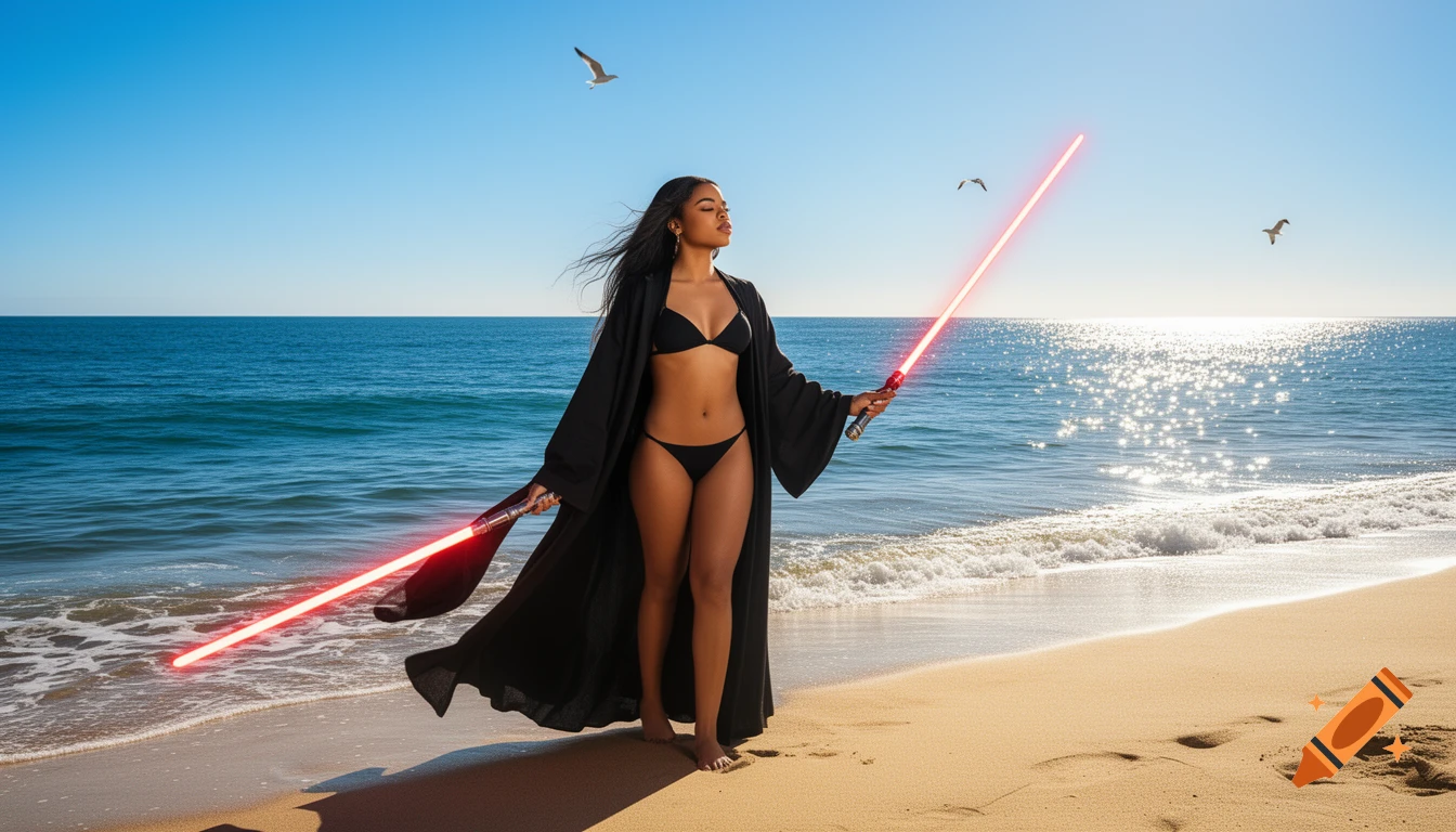 A woman in a black bikini and robe stands on a sunny beach, holding two red lightsabers.