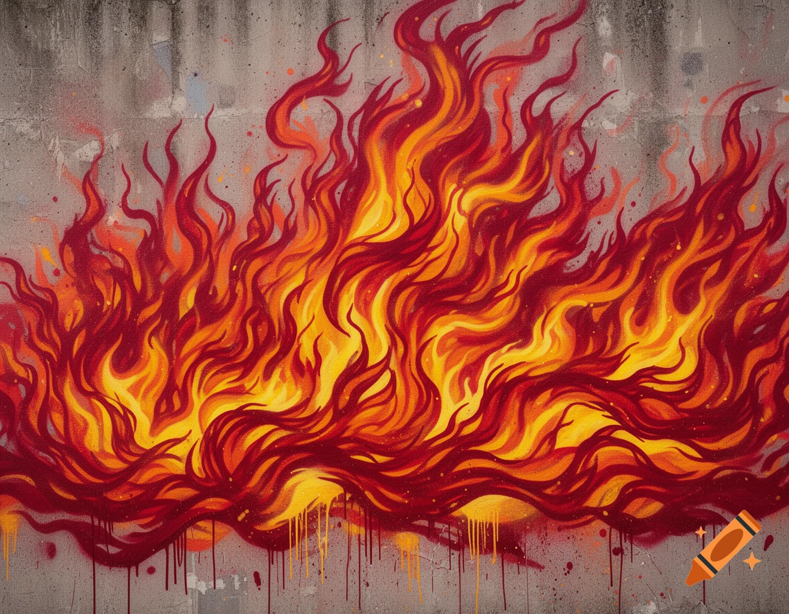A vibrant graffiti mural depicting swirling red, red-orange, and yellow flames on a gray concrete wall, with paint drips.