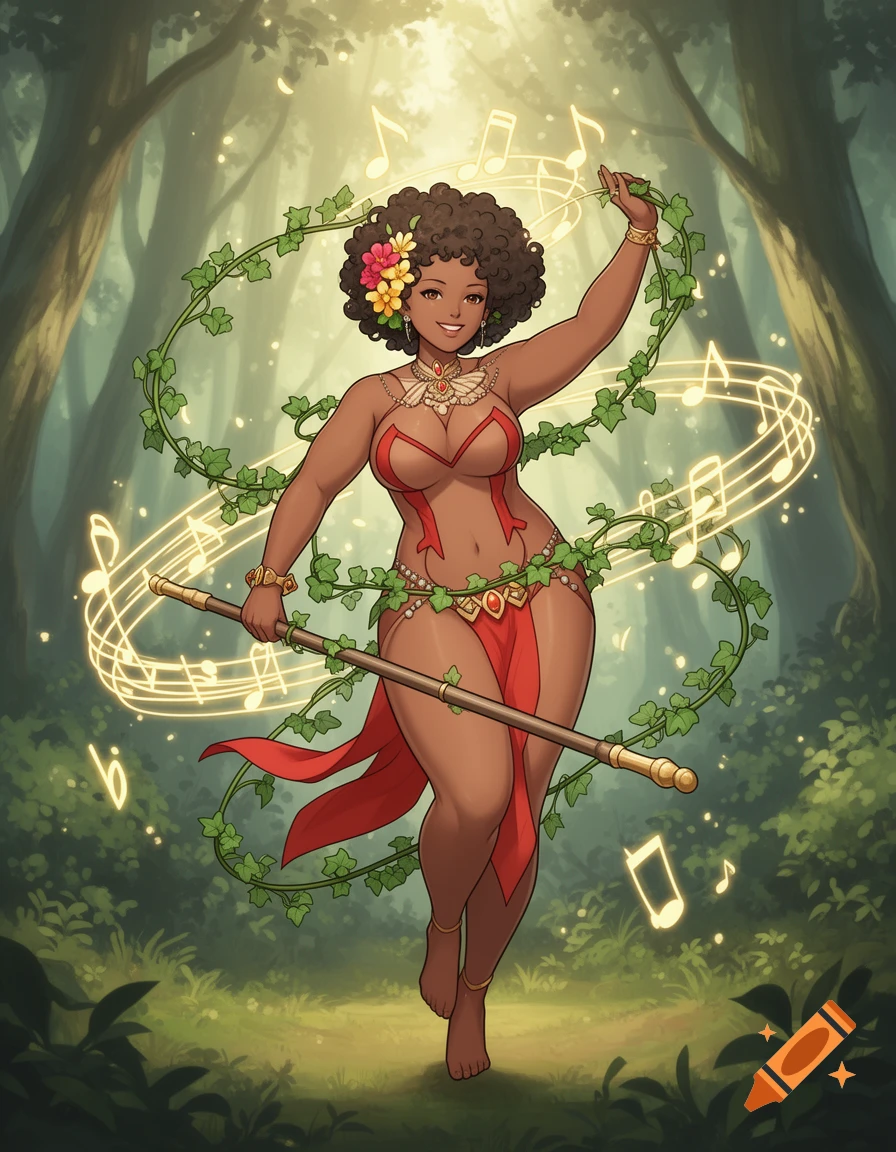 Anime-style dark-skinned woman with afro hair dancing in an enchanted forest, wearing a red costume, holding a staff, surrounded by glowing musical notes.