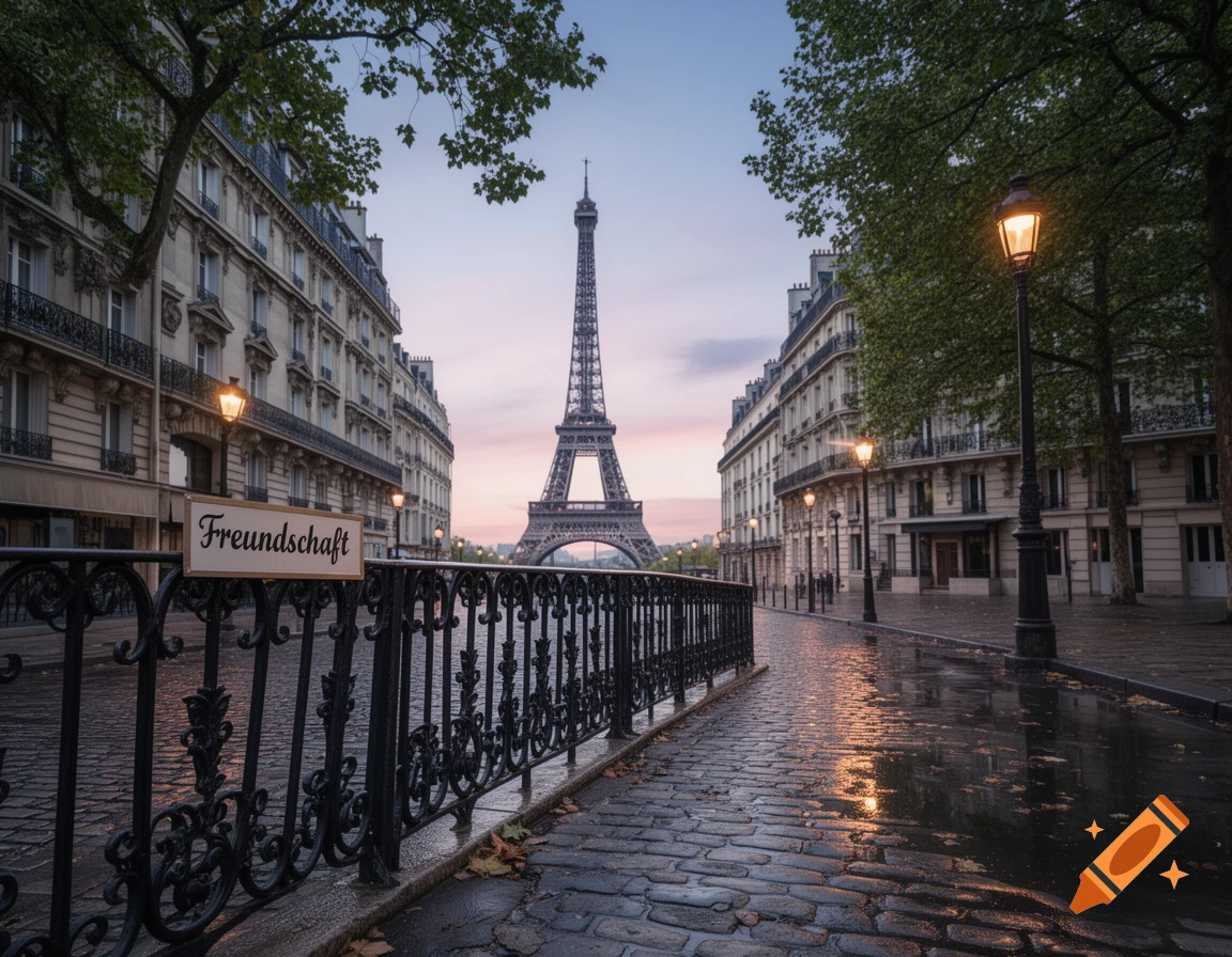 Photorealistic view of the Eiffel Tower at dawn from a wet cobblestone street in Paris, with a sign reading "Freundschaft".