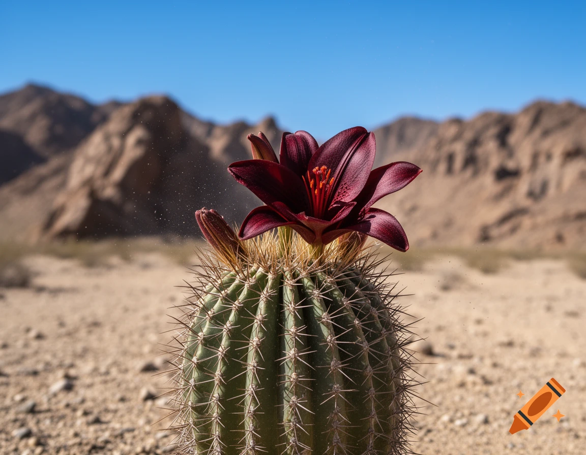 A close-up shot of a green barrel cactus with a vibrant dark red lily blooming on top, set against a blurred desert and mountain background under a clear blue sky.