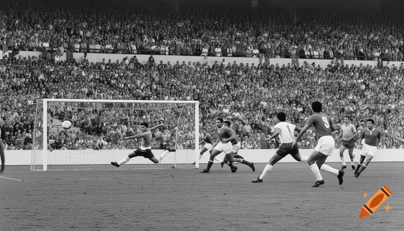 A black and white vintage photo of a soccer match in a stadium, with a player kicking the ball towards the goal.