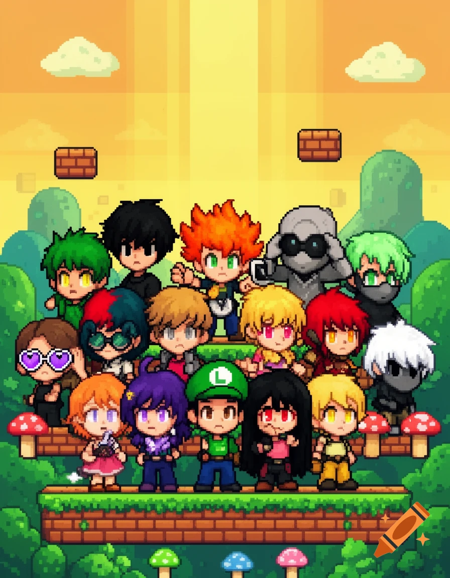 A group of 14 diverse chibi-style characters in pixel art on brick platforms amidst green hills and a yellow sky, in a Mario Bros aesthetic.