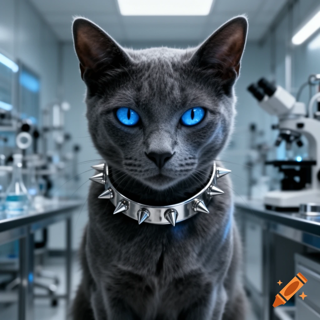 A photorealistic grey cat with glowing blue eyes and a silver spiked collar sits in a science laboratory.