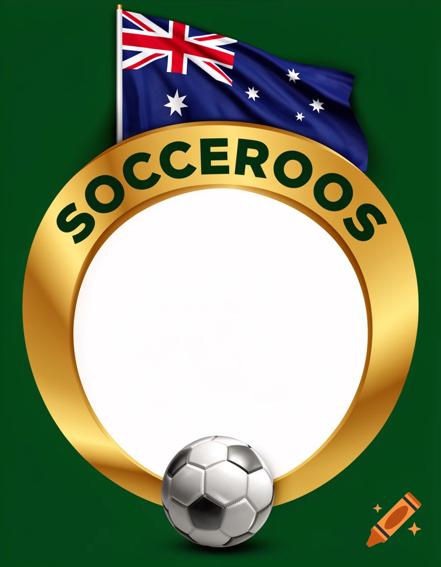 A gold semi-circular poster frame with SOCCEROOS text, an Australian flag, and a football on a green background.