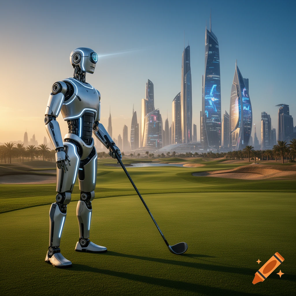 A silver humanoid robot stands on a lush golf course holding a club, overlooking a futuristic city at sunset.
