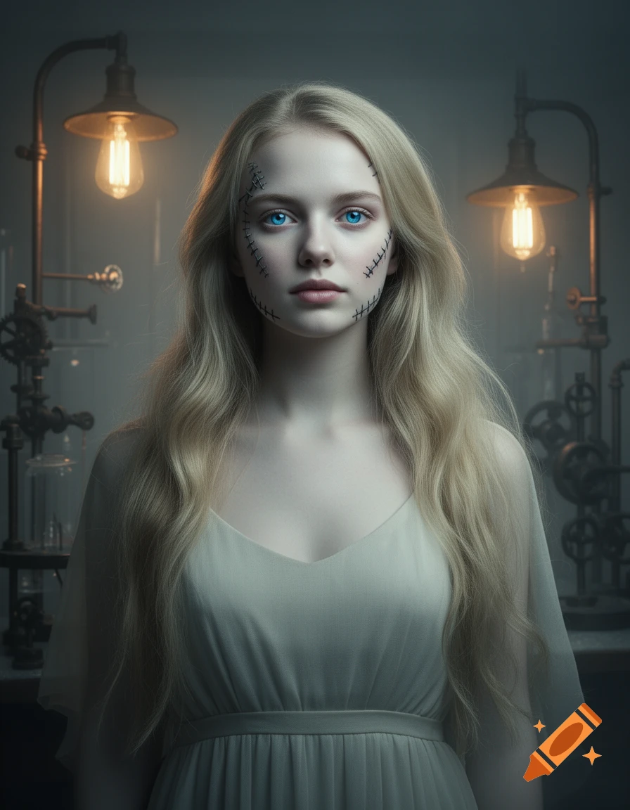 Photorealistic portrait of a young blonde woman with stitch marks on her face, in a dimly lit industrial setting.