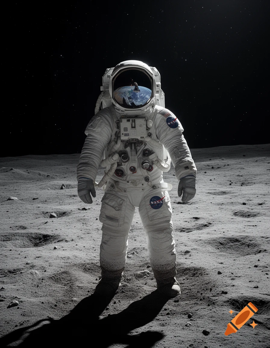 A realistic full-body shot of an astronaut in a white suit standing on the lunar surface under a starry black sky, with Earth reflected in the visor.