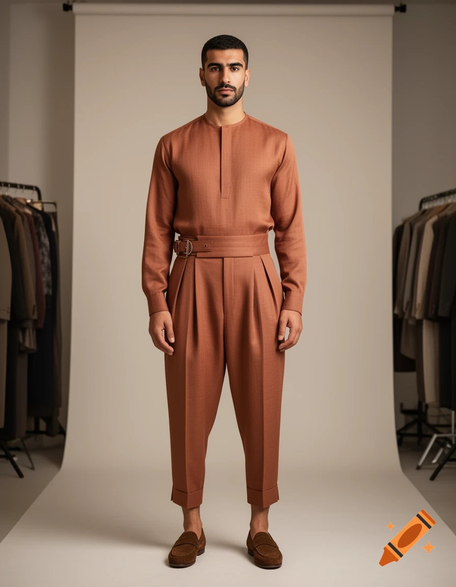 A male model in a minimalist studio, wearing a rust-colored mandarin collar shirt, high-waisted pleated trousers with a wide belt, and brown loafers. Photorealistic.