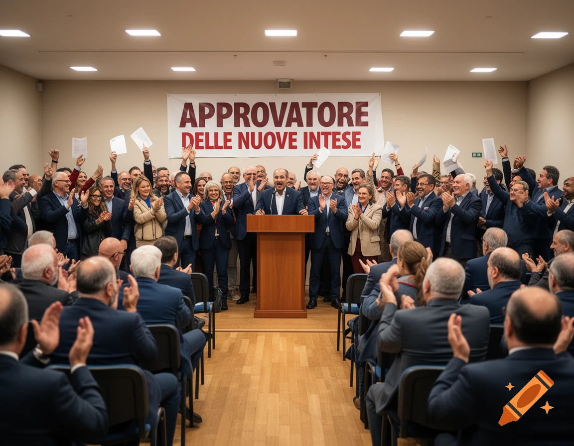 Attendees cheer at a political event, a speaker at a podium, a banner reading 'APPROVATORE DELLE NUOVE INTESE'.