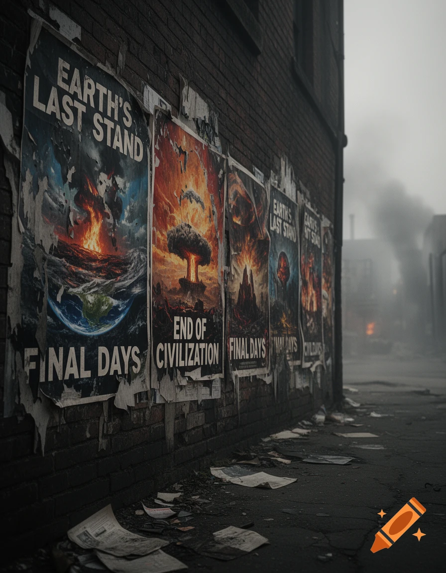 A dark, photorealistic urban alleyway lined with weathered apocalyptic posters showing nuclear explosions and burning Earth. Debris on the ground, foggy street.