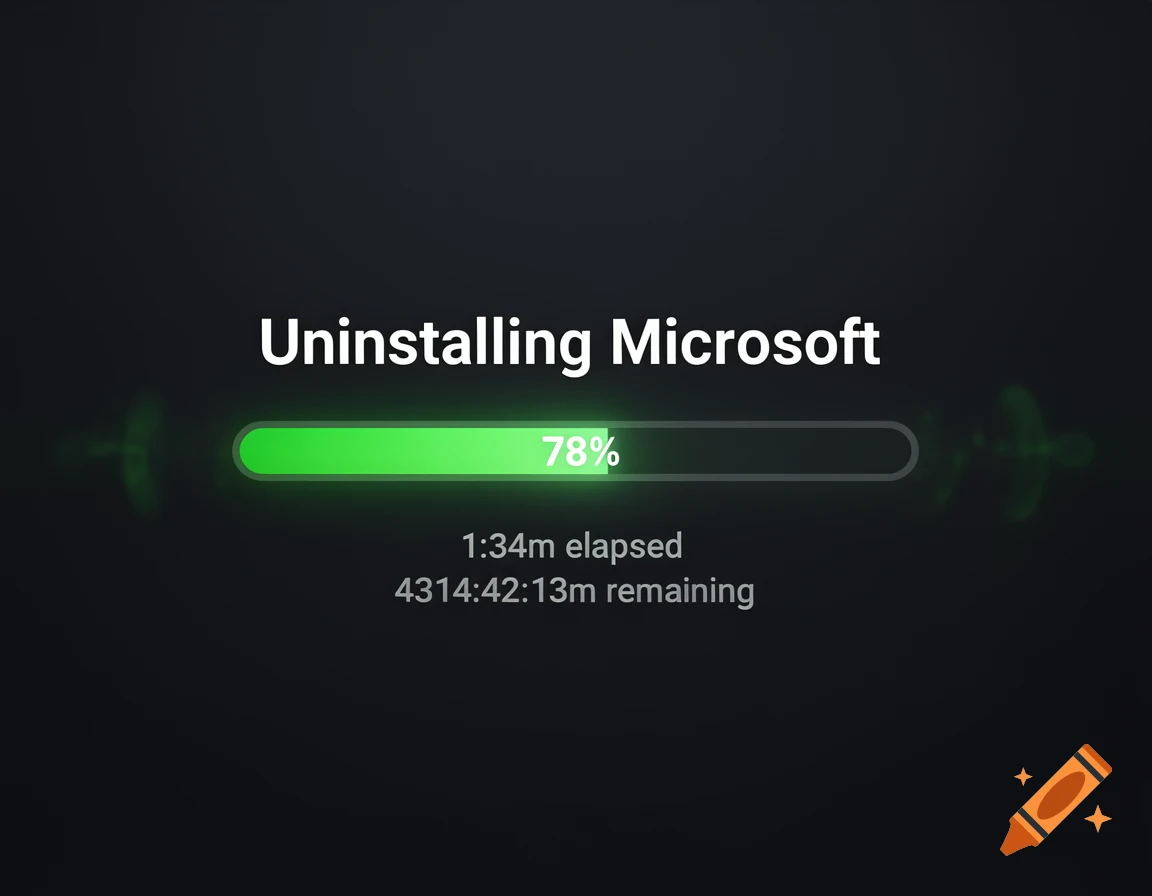 A dark screen displays a green progress bar at 78% for "Uninstalling Microsoft," with elapsed and remaining times.