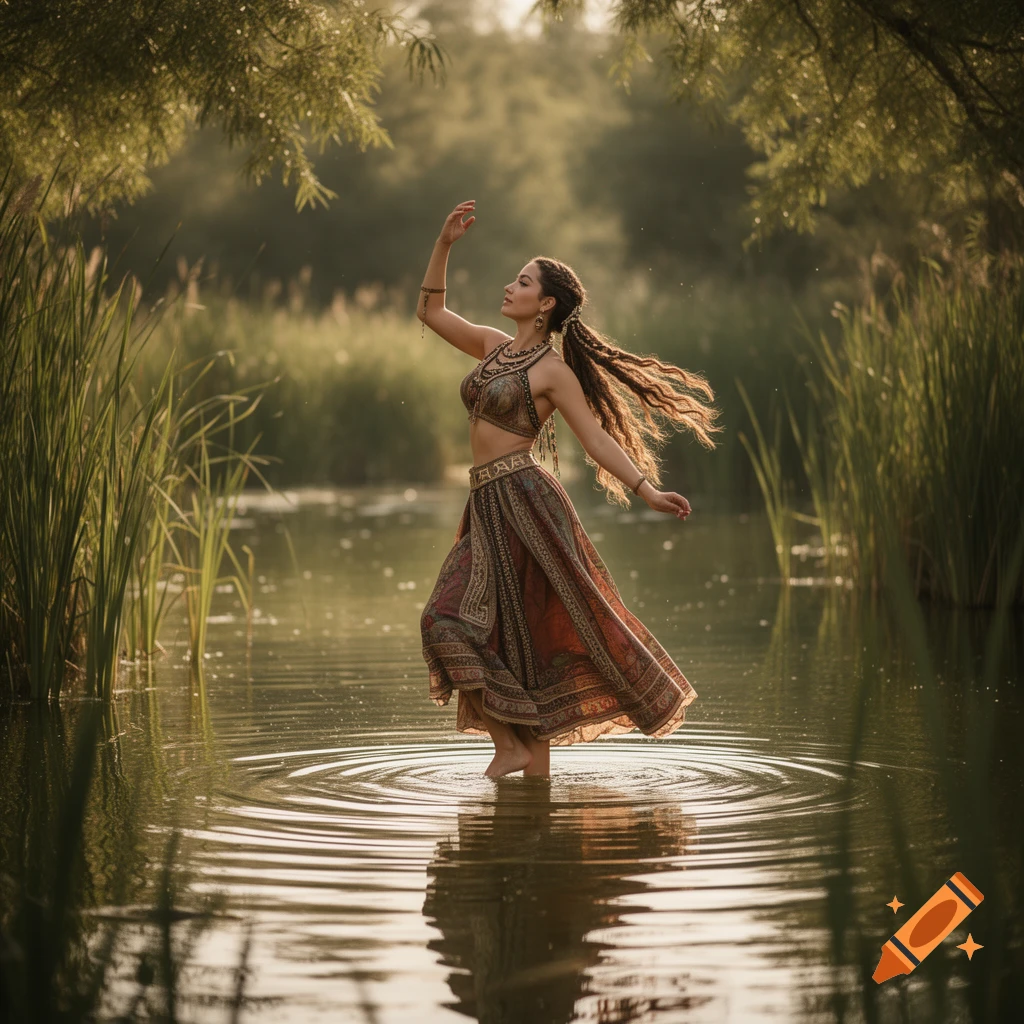A woman in intricate, traditional Minoan-style attire dances in shallow water amidst lush reeds and trees, creating ripples.