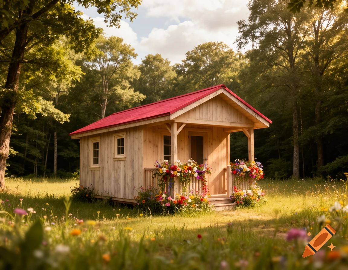 A quaint wooden tiny house with a red roof and a flower-filled porch sits in a sunny meadow at the edge of a forest.