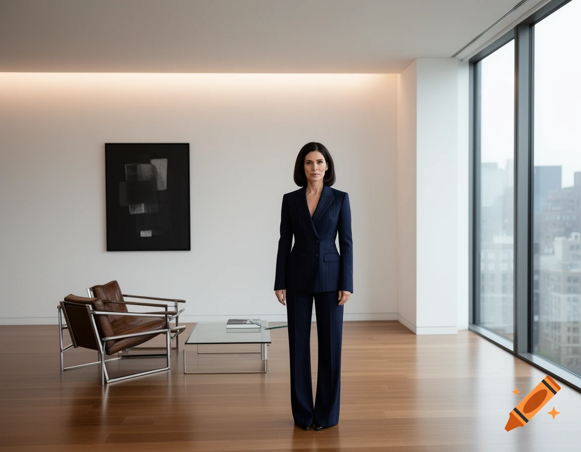A woman in a navy pinstripe suit stands in a minimalist office with a city view, looking forward.