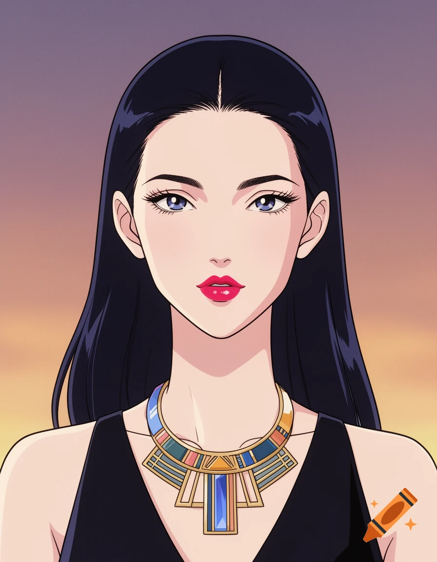 A 90s anime portrait of an Asian woman with long dark hair, red lips, and a colorful geometric necklace.