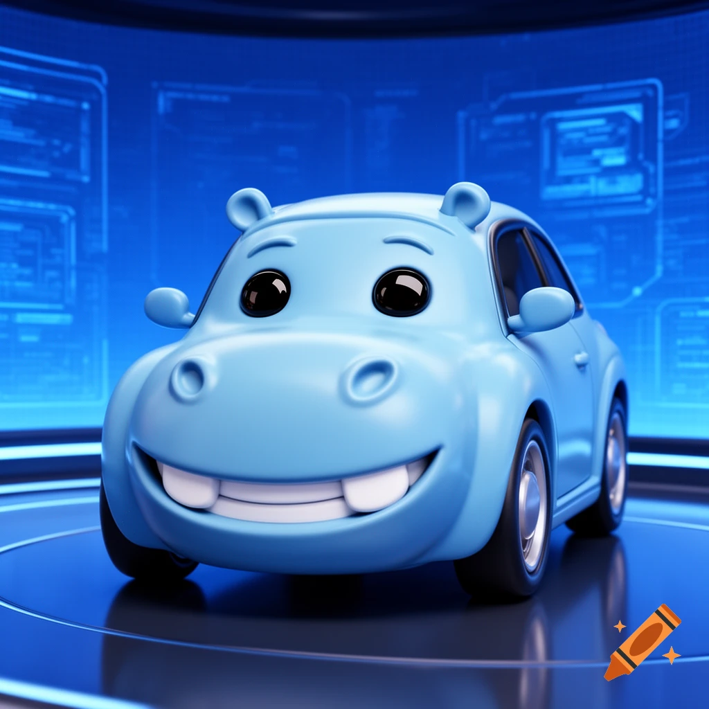 A cute, shiny blue toy car shaped like a hippo with black eyes and smiling teeth, rendered in 3D on a reflective surface against a blue screen.