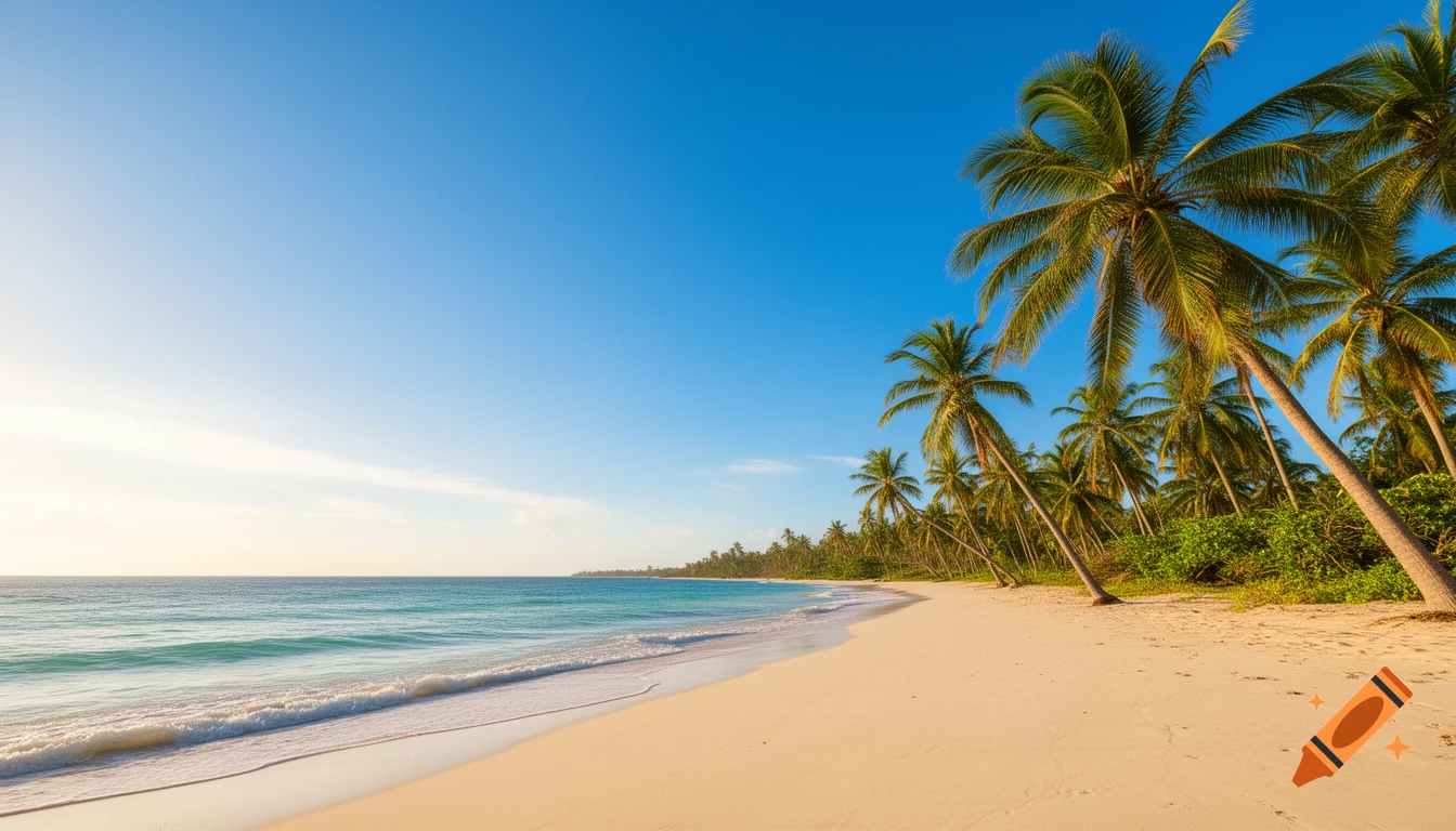 Sunny beach with palm trees lining the shore and clear blue water under a bright sky, photorealistic style.