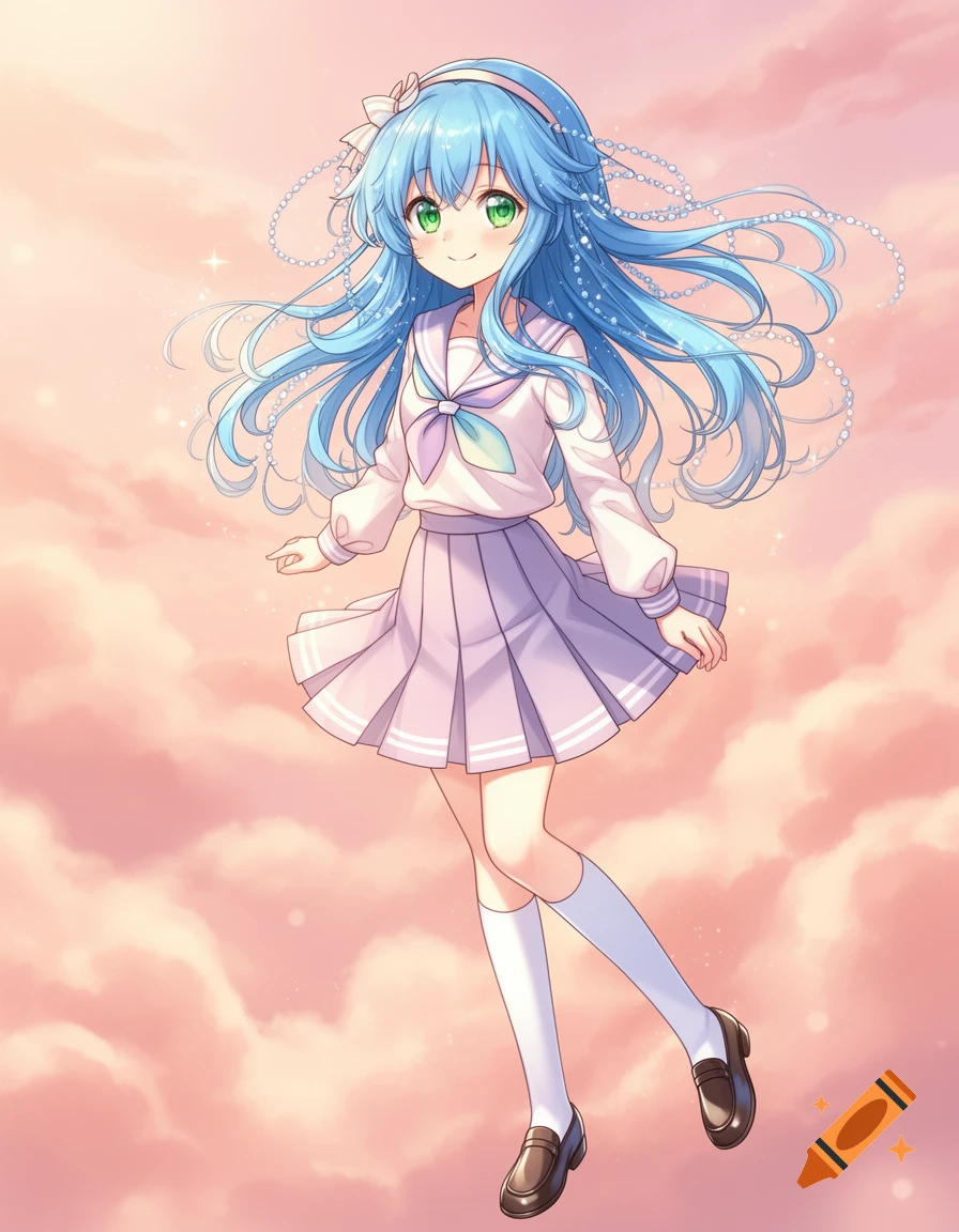 Anime girl with long blue hair and green eyes in a school uniform floats against a pink cloudy sky with sparkling pearls.