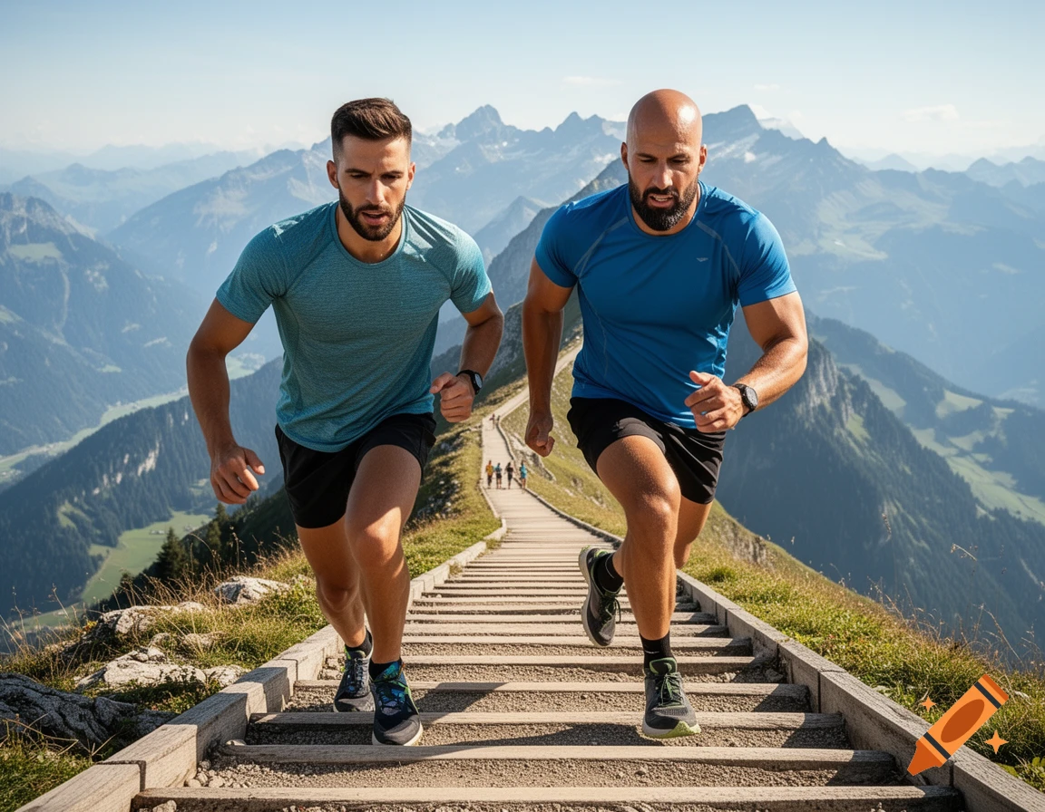 Two men run up a steep mountain staircase with a vast, sunny alpine landscape in the background, photorealistic.