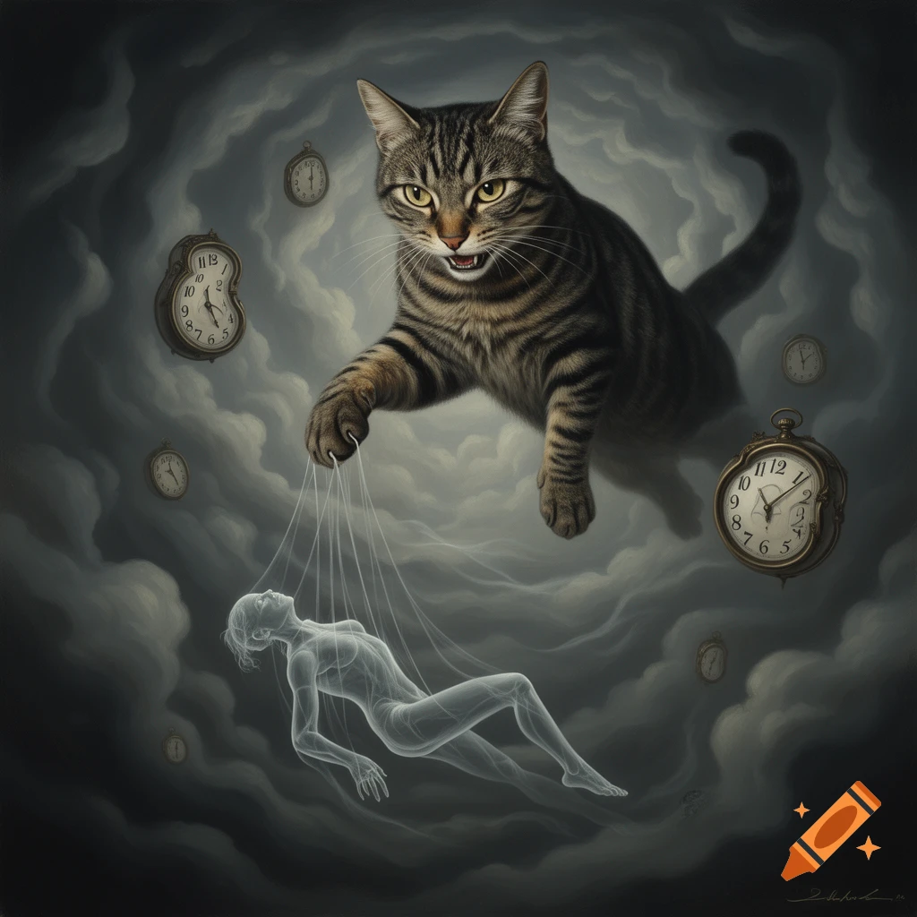 A giant tabby cat floats in a cloudy void, manipulating a translucent, ghost-like human figure below with strings. Melting clocks surround them in this surreal, dreamlike scene.