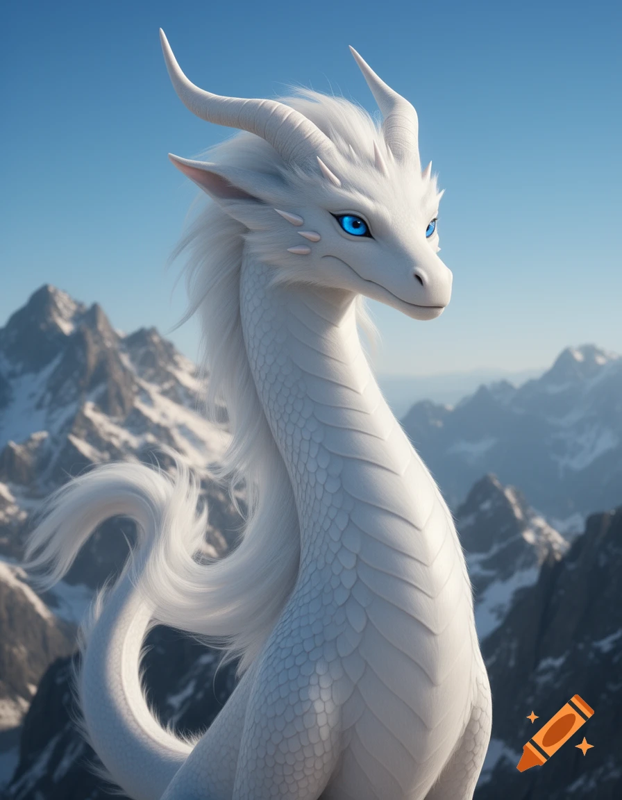 A majestic white dragon with bright blue eyes, horns, and fur stands in a snowy mountain landscape under a clear blue sky.