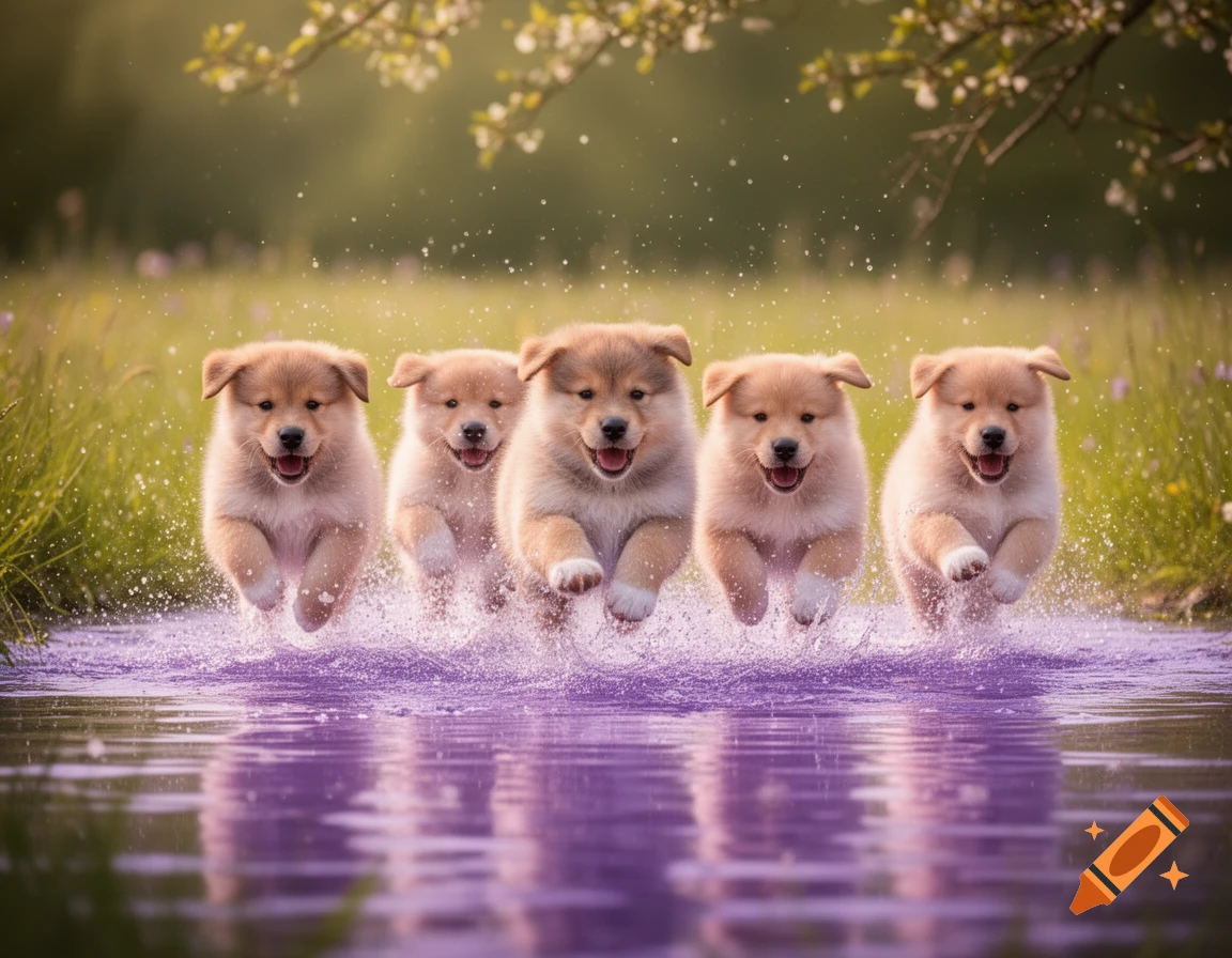 Five fluffy puppies joyfully running through purple water, splashing, in a grassy field with dappled sunlight.