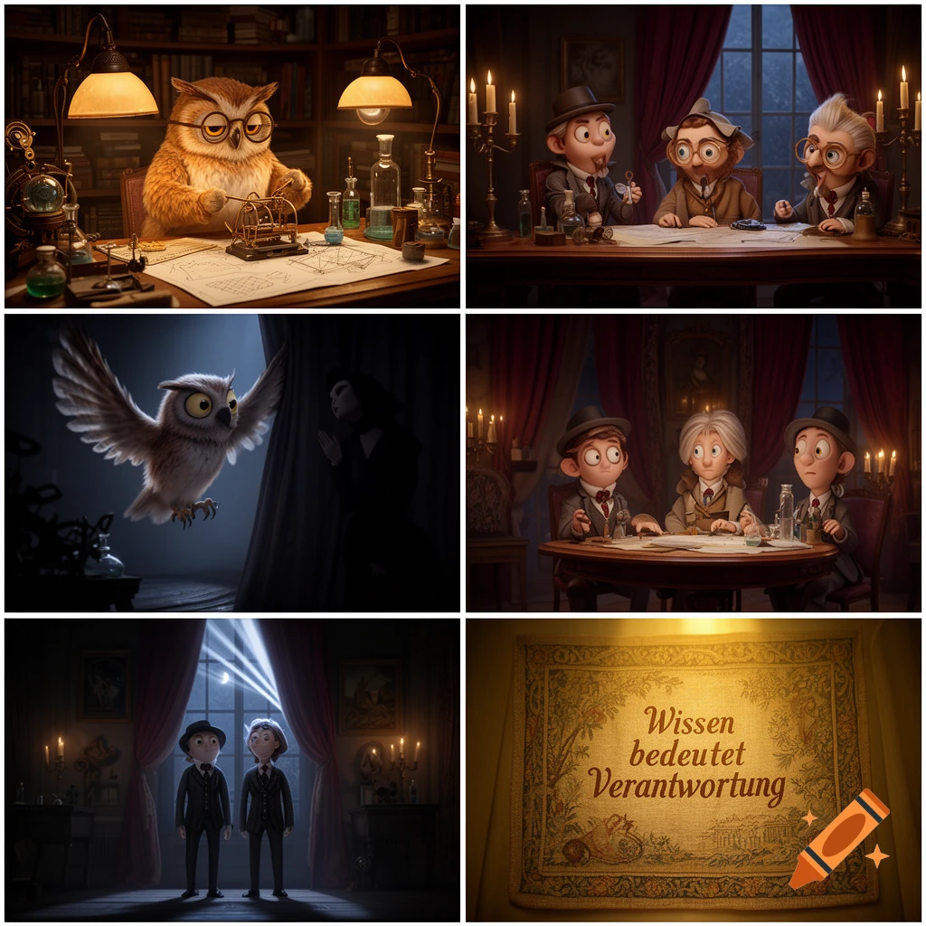 A cartoon collage showing an owl inventor, small human characters in mysterious rooms, and a tapestry with German text.