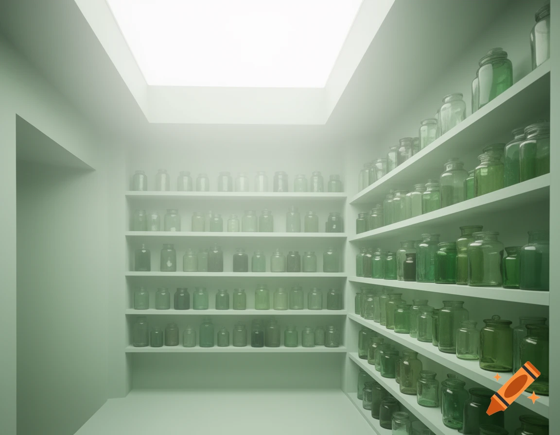 A pale mint green room with a skylight illuminating shelves packed with various green glass jars and containers, creating a foggy atmosphere.