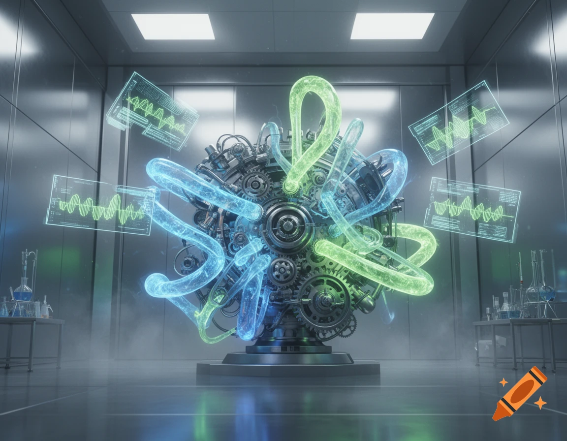 A glowing, futuristic machine with gears and translucent blue and green tubes sits in a sterile lab, surrounded by holographic data screens.